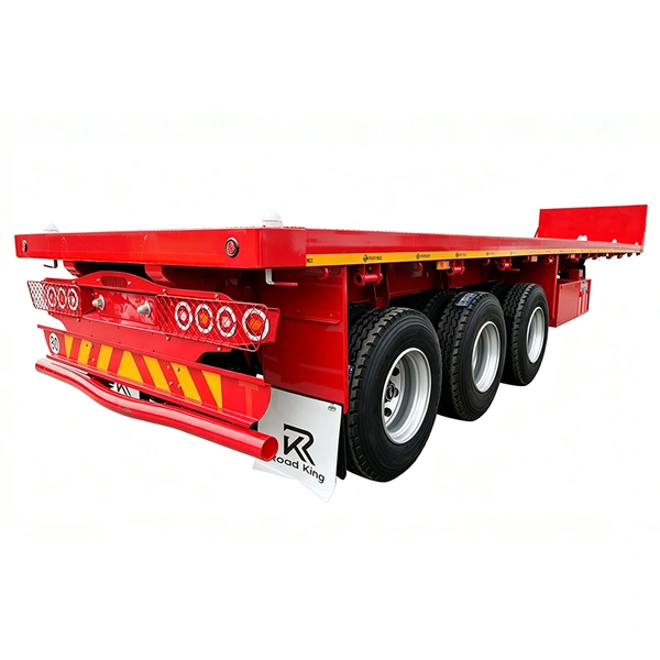 Rear View of 3 Axle Flatbed Semi Trailer with Front Board Rear View of 3 Axle Flatbed Semi Trailer with Front Board